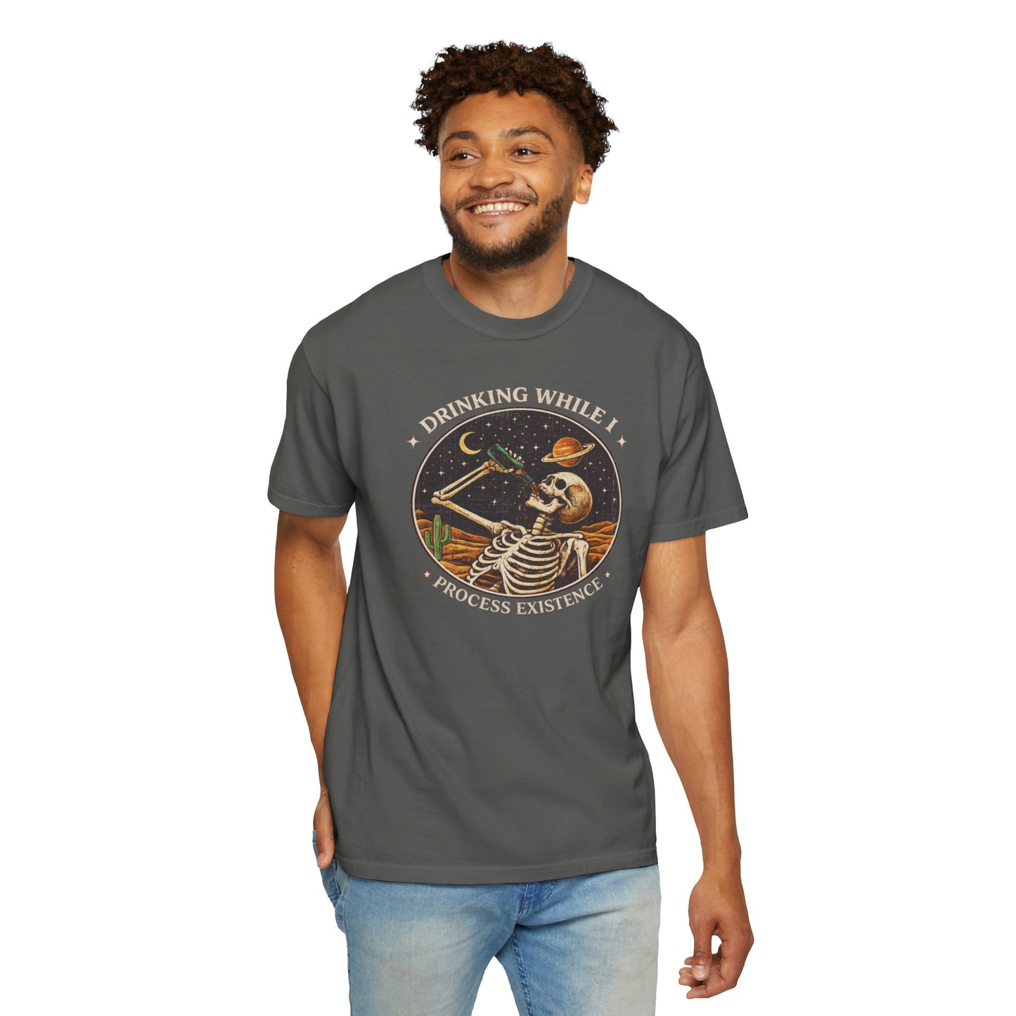 Drinking While I Process Existence T-Shirt — Skeleton Night Sky Vintage Graphic Tee