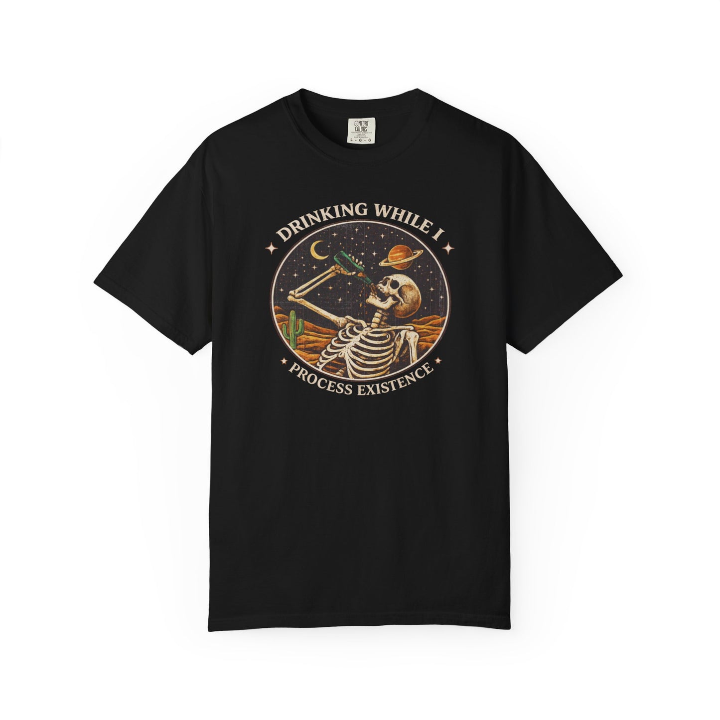 Drinking While I Process Existence T-Shirt — Skeleton Night Sky Vintage Graphic Tee