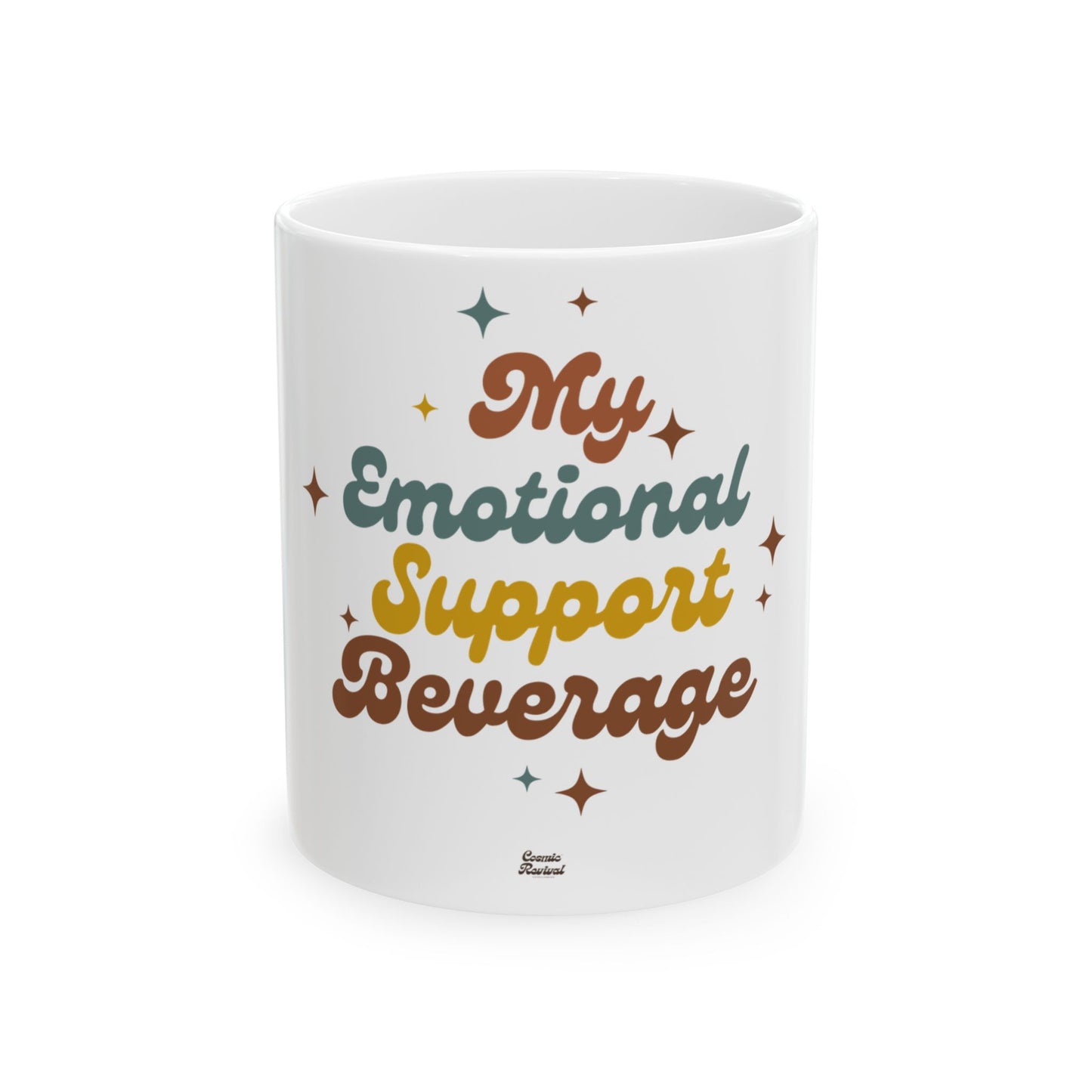 Emotional Support Beverage Mug — Funny Retro Typography Ceramic Coffee Cup (11oz & 15oz)