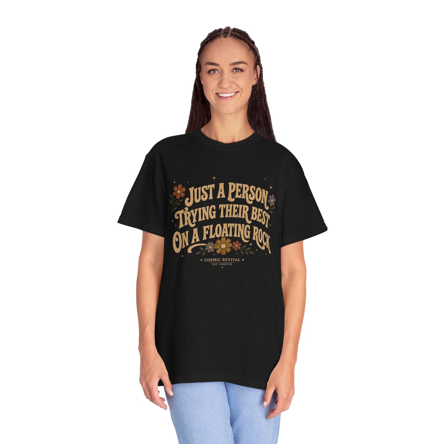 Retro Floral 'Just a Person Trying Their Best on a Floating Rock' T-Shirt