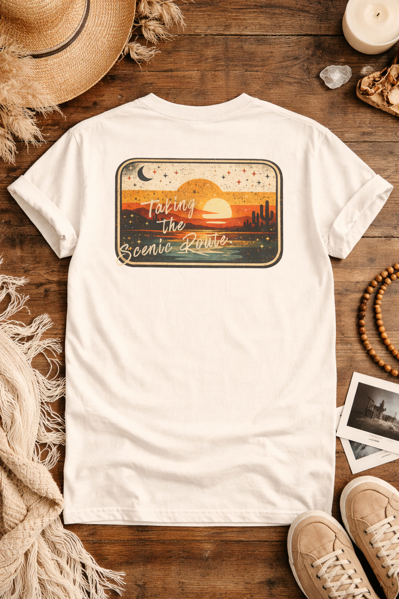 Scenic Route Sunset T-Shirt — Retro Roadtrip Graphic