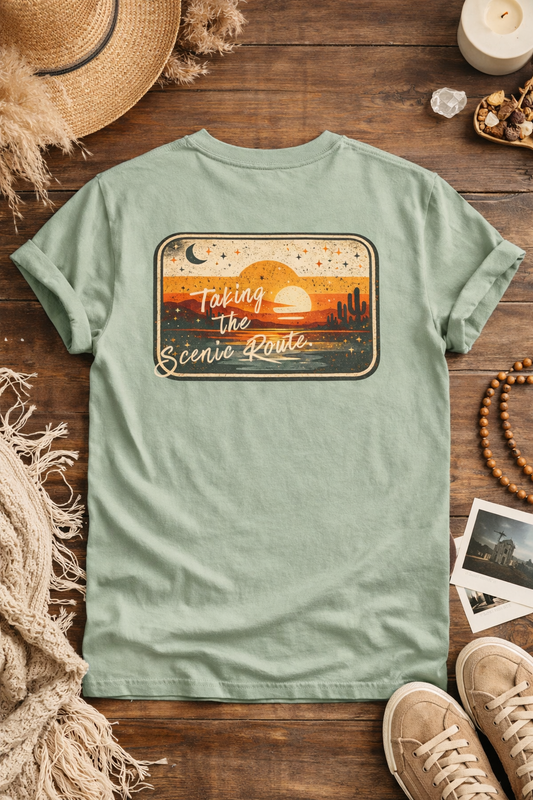 Scenic Route Sunset T-Shirt — Retro Roadtrip Graphic