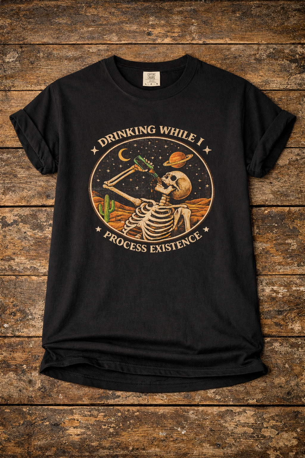 Drinking While I Process Existence T-Shirt — Skeleton Night Sky Vintage Graphic Tee
