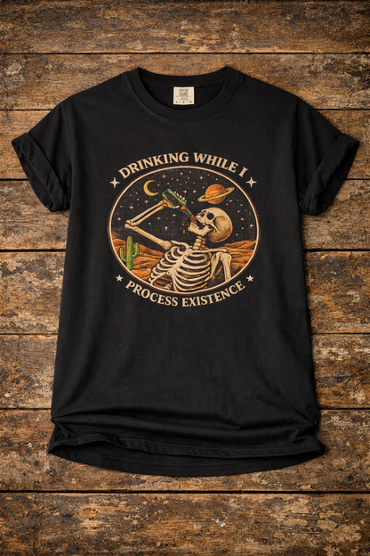 Drinking While I Process Existence T-Shirt — Skeleton Night Sky Vintage Graphic Tee