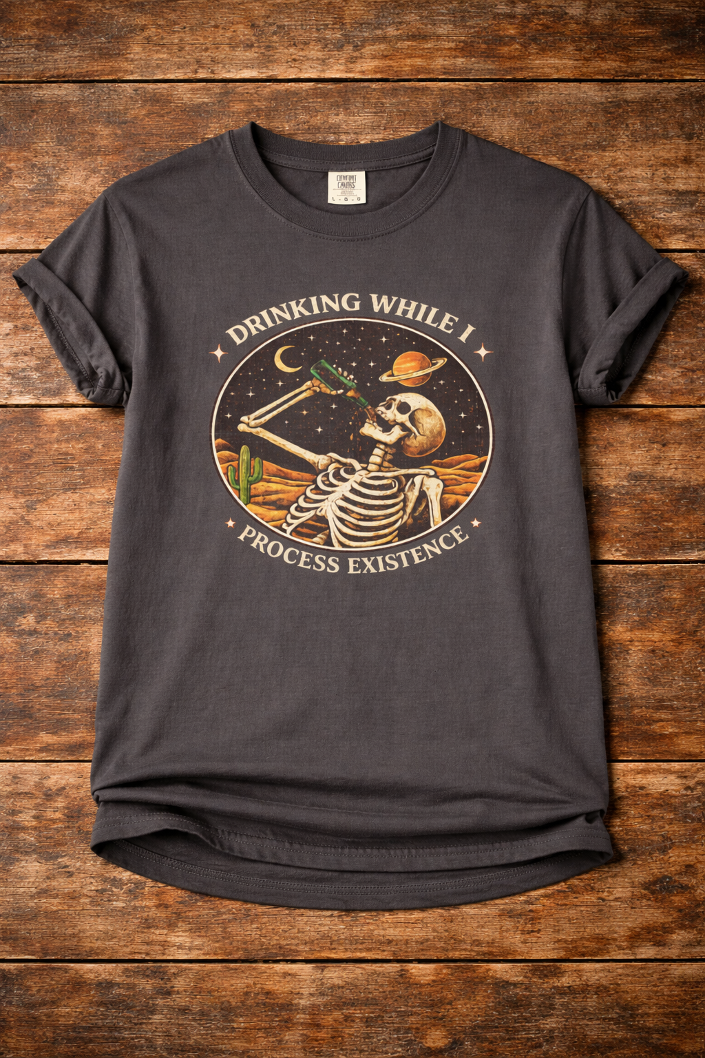 Drinking While I Process Existence T-Shirt — Skeleton Night Sky Vintage Graphic Tee