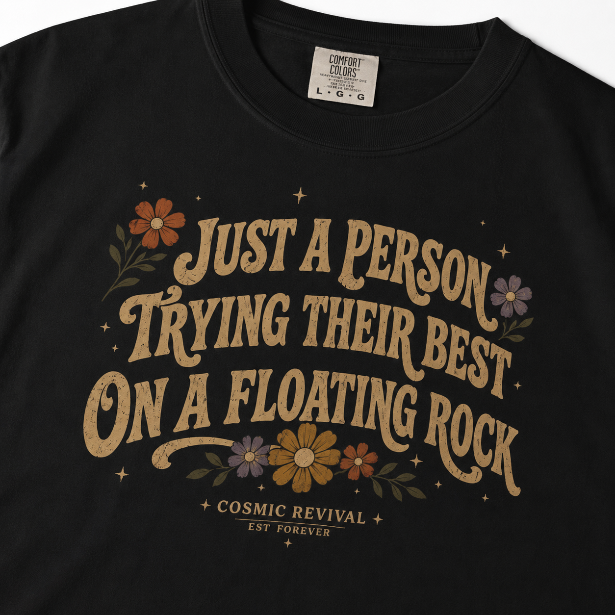 Retro Floral 'Just a Person Trying Their Best on a Floating Rock' T-Shirt