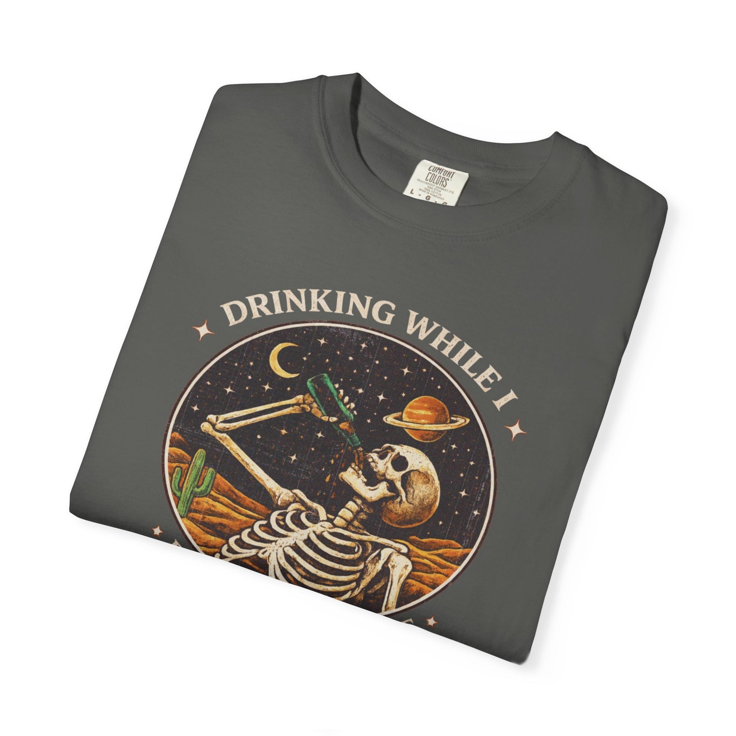 Drinking While I Process Existence T-Shirt — Skeleton Night Sky Vintage Graphic Tee