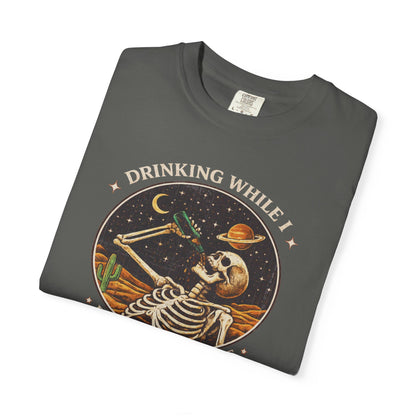 Drinking While I Process Existence T-Shirt — Skeleton Night Sky Vintage Graphic Tee