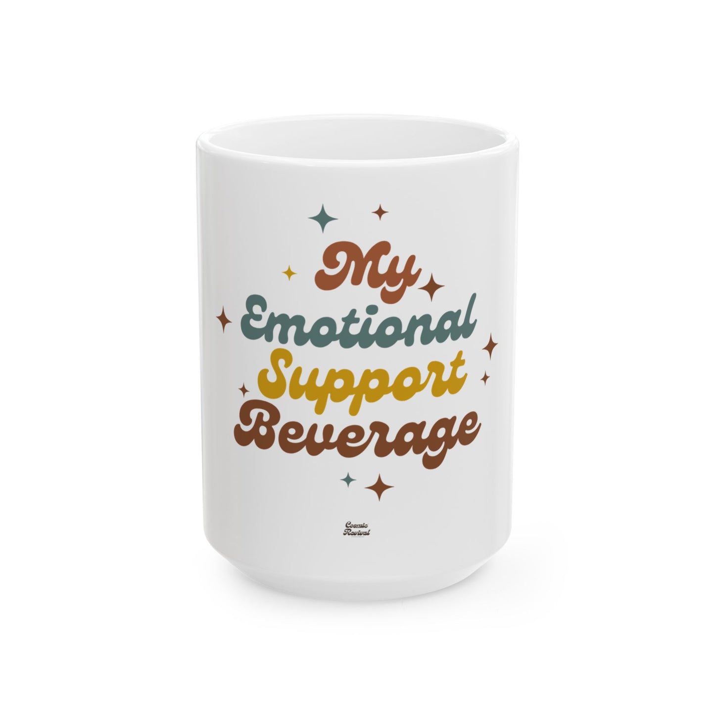 Emotional Support Beverage Mug — Funny Retro Typography Ceramic Coffee Cup (11oz & 15oz)