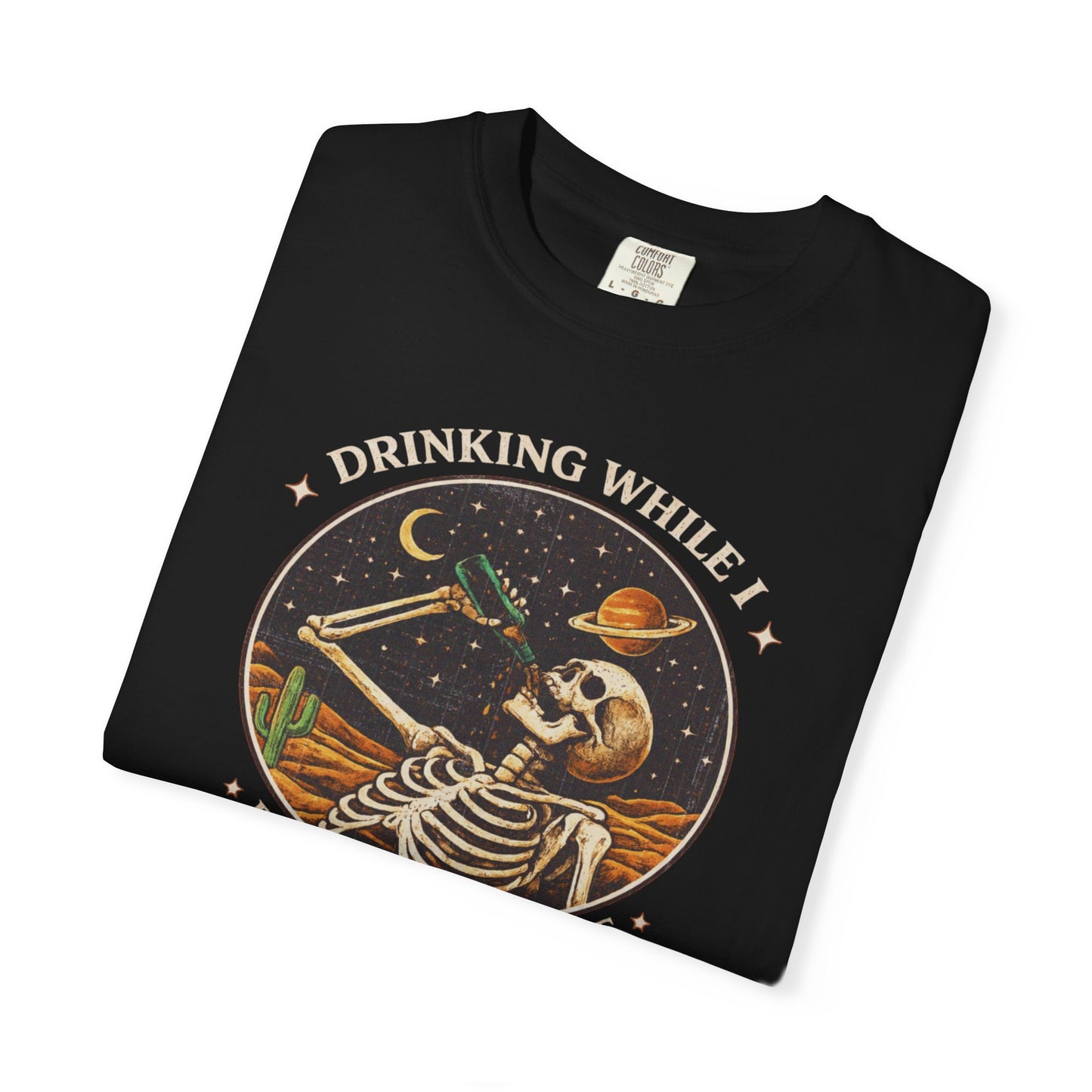 Drinking While I Process Existence T-Shirt — Skeleton Night Sky Vintage Graphic Tee
