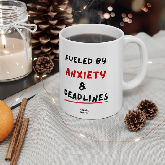 Fueled by Anxiety & Deadlines Ceramic Mug — 11oz/15oz Coffee Cup for Students, Creatives & Remote Workers