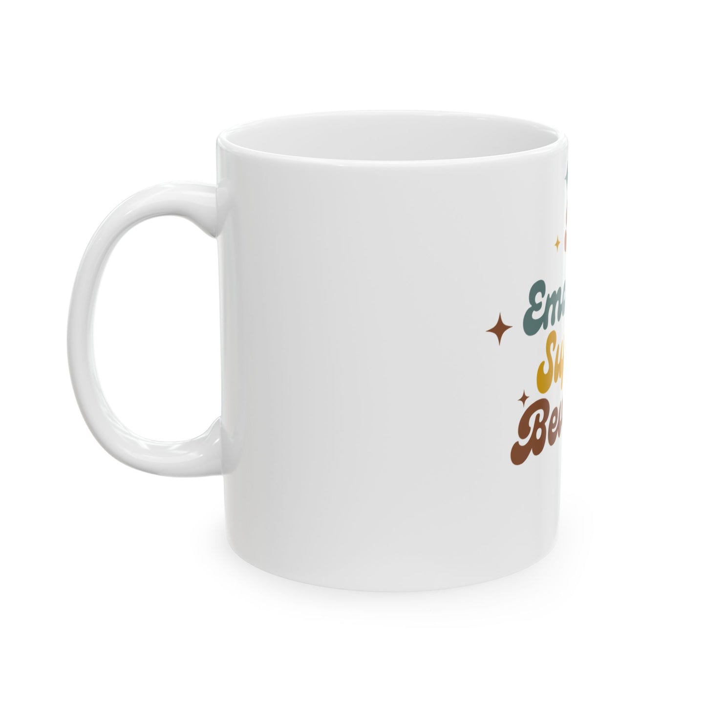 Emotional Support Beverage Mug — Funny Retro Typography Ceramic Coffee Cup (11oz & 15oz)