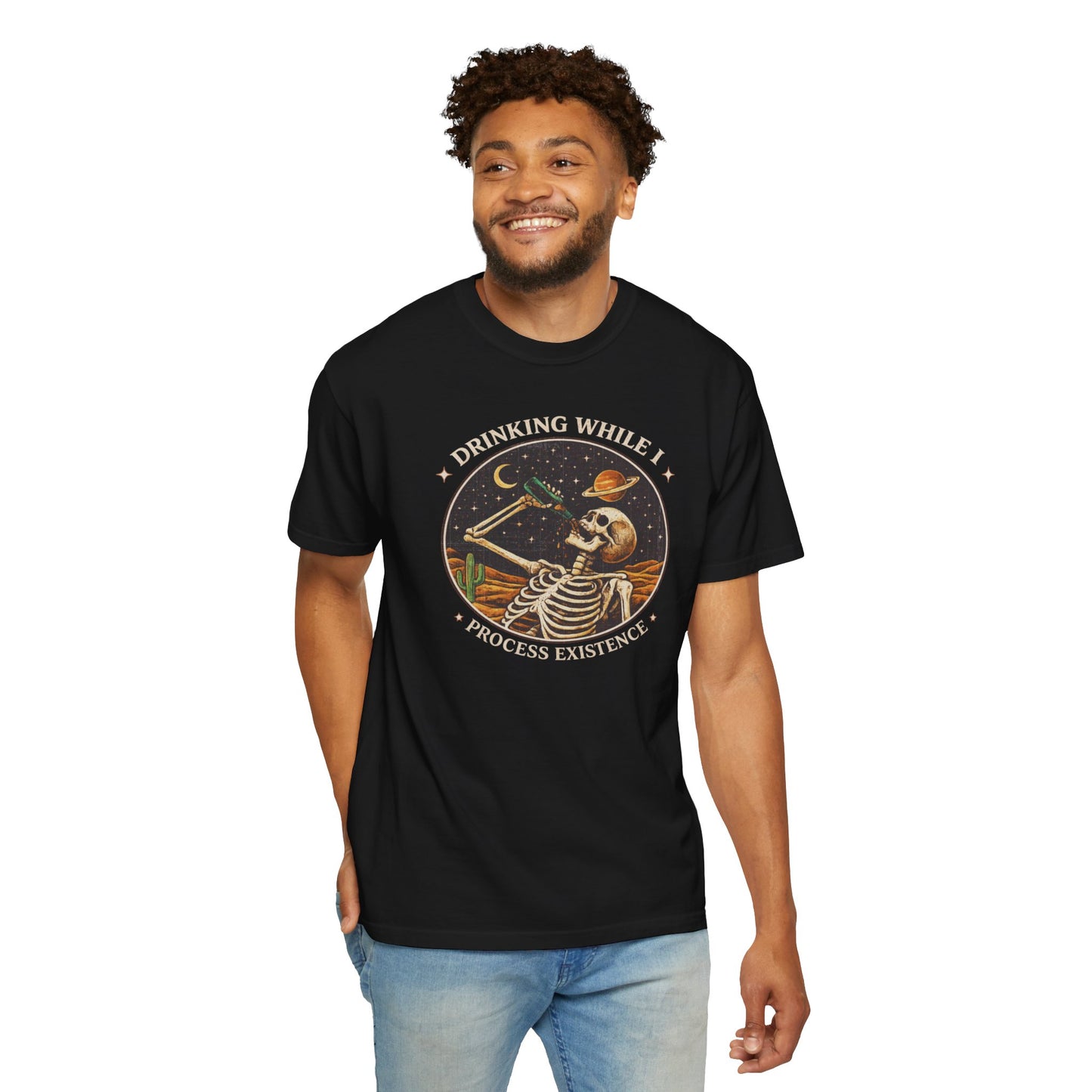 Drinking While I Process Existence T-Shirt — Skeleton Night Sky Vintage Graphic Tee