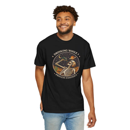 Drinking While I Process Existence T-Shirt — Skeleton Night Sky Vintage Graphic Tee
