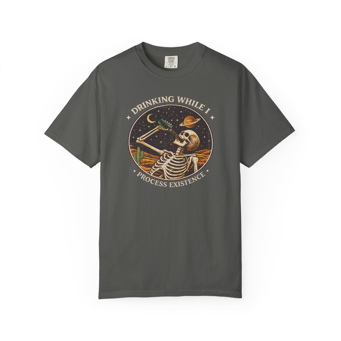 Drinking While I Process Existence T-Shirt — Skeleton Night Sky Vintage Graphic Tee
