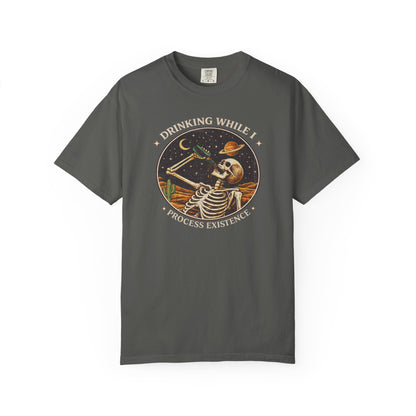 Drinking While I Process Existence T-Shirt — Skeleton Night Sky Vintage Graphic Tee