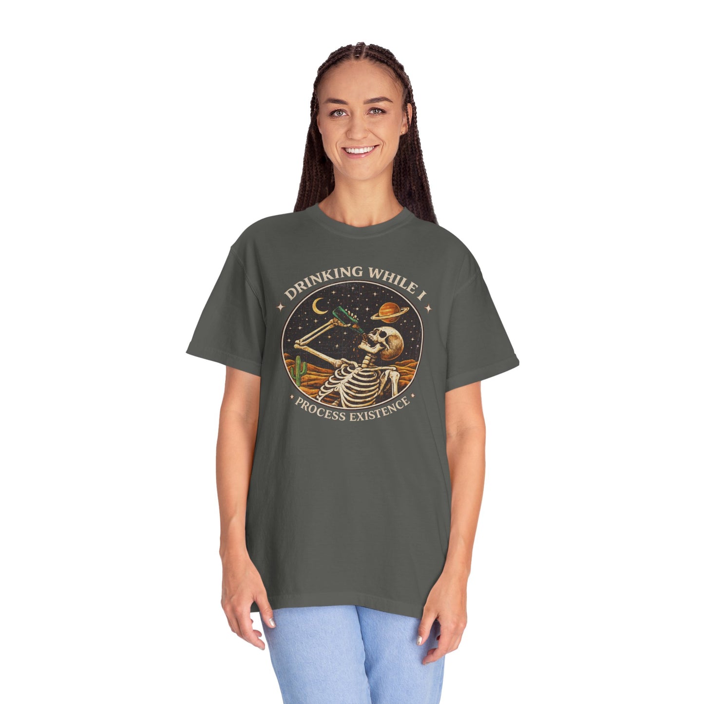 Drinking While I Process Existence T-Shirt — Skeleton Night Sky Vintage Graphic Tee