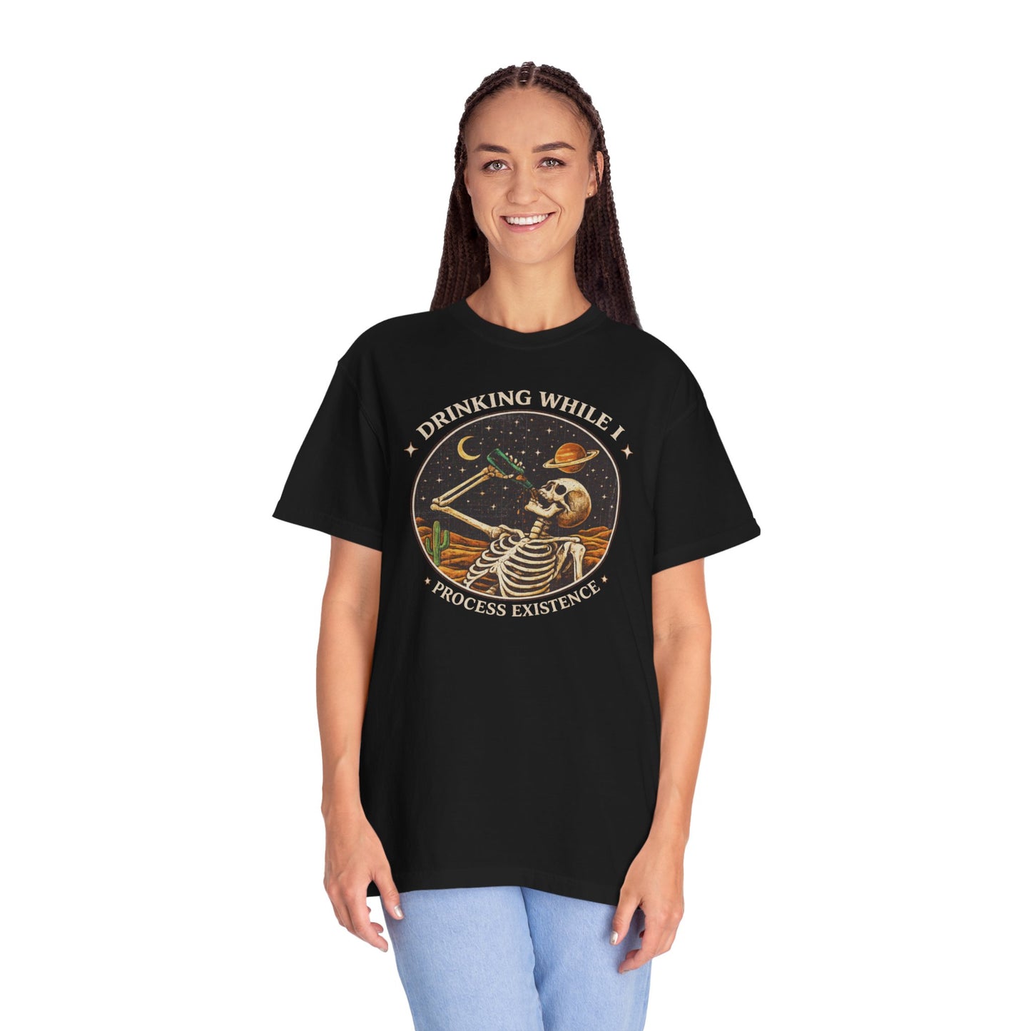 Drinking While I Process Existence T-Shirt — Skeleton Night Sky Vintage Graphic Tee