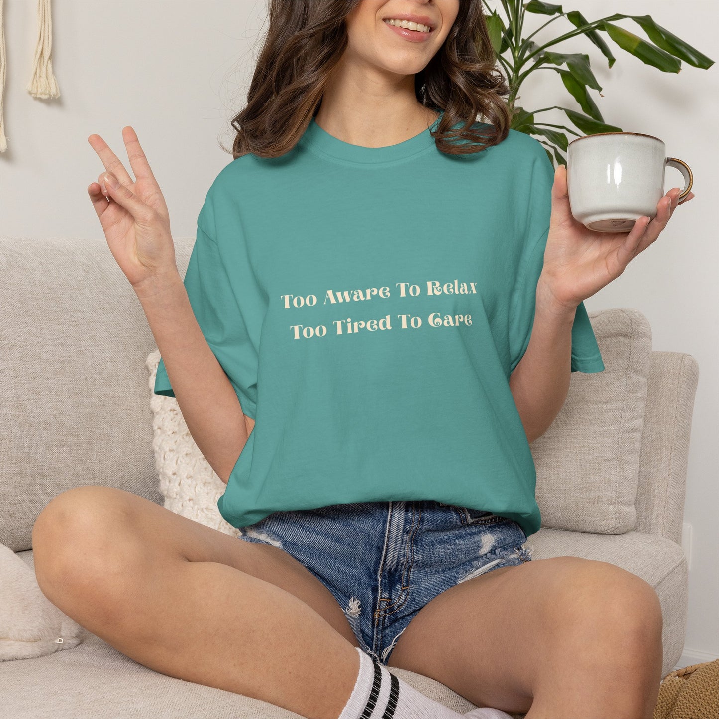 "Too Awake To Relax, Too Tired To Care" Casual Graphic Tee Overstimulated, Self-aware T-shirt